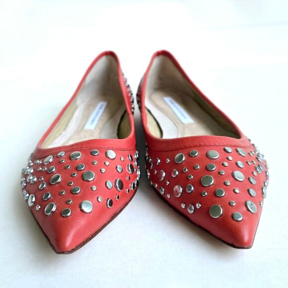DVF Stud Flats Size 7.5 Orange Leather Silver Studded PointedToe Furstenberg Ara - Picture 3 of 13